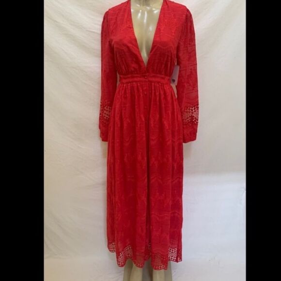 Olivia Culpo Red Lace Maxi Dress Embroidered Long Sleeve Medium - Picture 2 of 13